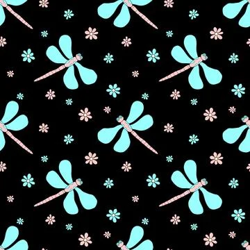 Vector seamless pattern of cute dragonflies, flowers. Glade, forest edge. Bac Stock Illustration