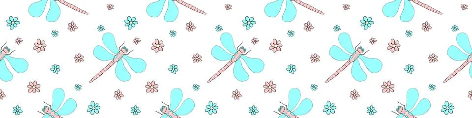 Vector seamless pattern of cute dragonflies, flowers. Glade, forest edge. Bac Illustrazione stock