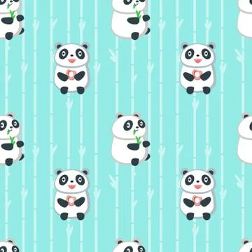 Vector seamless pattern with cute eating panda Stock Illustration