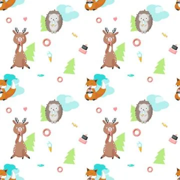 Vector seamless pattern with cute eating animals イラスト素材