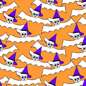 Vector seamless pattern with cute flying bats in witch hats. Halloween textur Stock Illustration