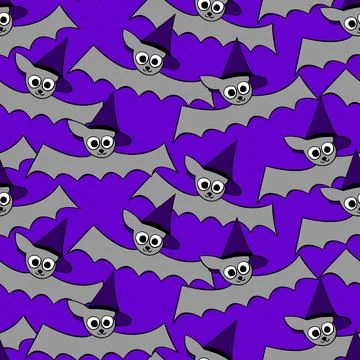 Vector seamless pattern with cute flying bats in witch hats. Halloween textur Stock Illustration