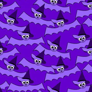 Vector seamless pattern with cute flying bats in witch hats. Halloween textur Stockillustratie
