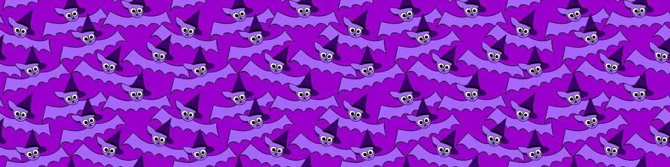 Vector seamless pattern with cute flying bats in witch hats. Halloween textur Stock Illustration