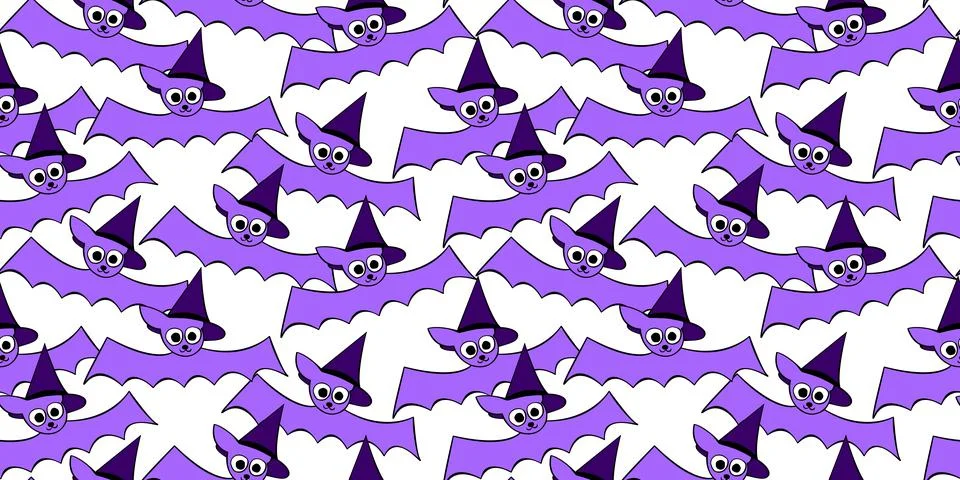 Vector seamless pattern with cute flying bats in witch hats. Halloween textur Stock Illustration