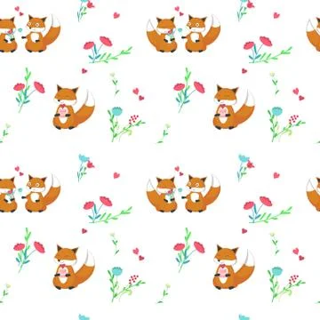 Vector seamless pattern with cute foxes in love 스톡 일러스트