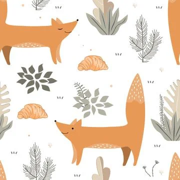 Vector seamless pattern with cute foxes, plants, and croissants. Cozy repeated Stock Illustration