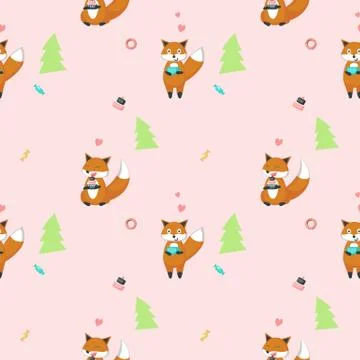 Vector seamless pattern with cute funny foxes 스톡 일러스트