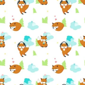 Vector seamless pattern with cute funny foxes 스톡 일러스트