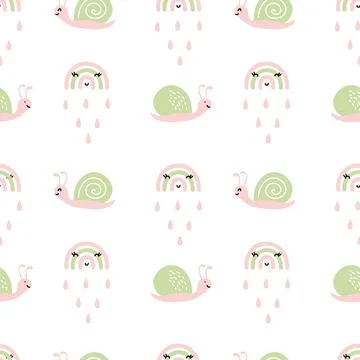 Vector seamless pattern with cute funny rainbow snails in abstract scandinavian イラスト素材