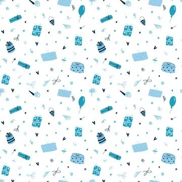 Vector seamless pattern with cute funny blue gift boxes in cartoon flat style イラスト素材