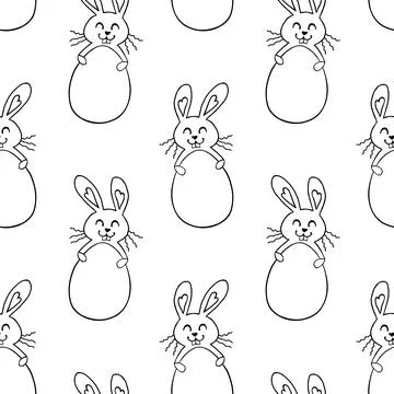 Vector seamless pattern with cute funny contoured easter bunnies with egg sha Illustrazione stock