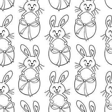 Vector seamless pattern with cute funny contoured easter bunnies with egg. Sp Stock Illustration