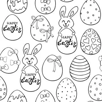 Vector seamless pattern with cute funny contoured easter bunnies with eggs an Stock Illustration