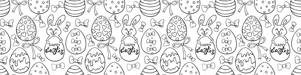 Vector seamless pattern with cute funny contoured easter bunnies, eggs, bows  Stock Illustration