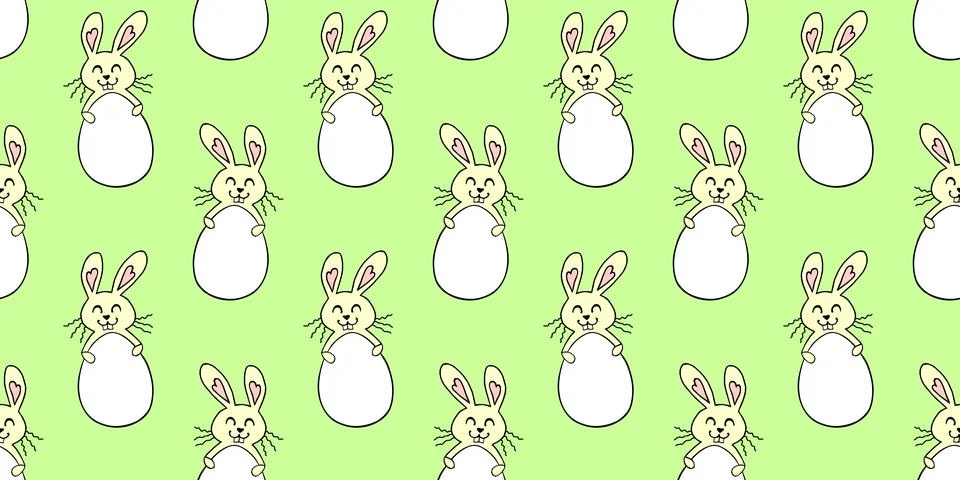 Vector seamless pattern with cute funny color easter bunnies with egg shaped  Illustrazione stock