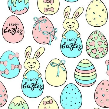 Vector seamless pattern with cute funny colorful easter bunnies with eggs and Stock Illustration