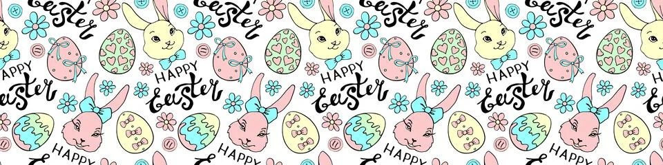 Vector seamless pattern with cute funny colorful faces of rabbits, eggs, flow Illustrazione stock