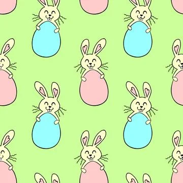 Vector seamless pattern with cute funny color easter bunnies with egg shaped  イラスト素材