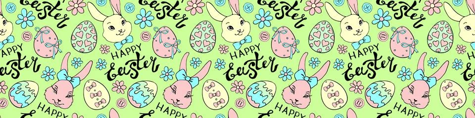 Vector seamless pattern with cute funny colorful faces of rabbits, eggs, flow Stock Illustration