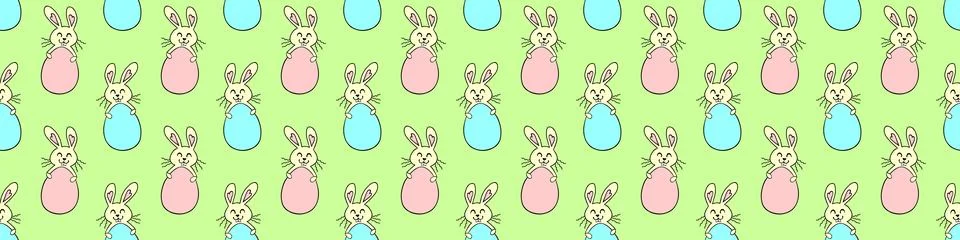 Vector seamless pattern with cute funny color easter bunnies with egg shaped  Stock Illustration
