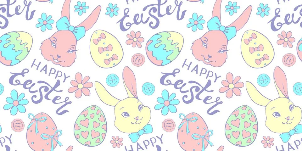 Vector seamless pattern with cute funny colorful faces of rabbits, eggs, flow Stock Illustration