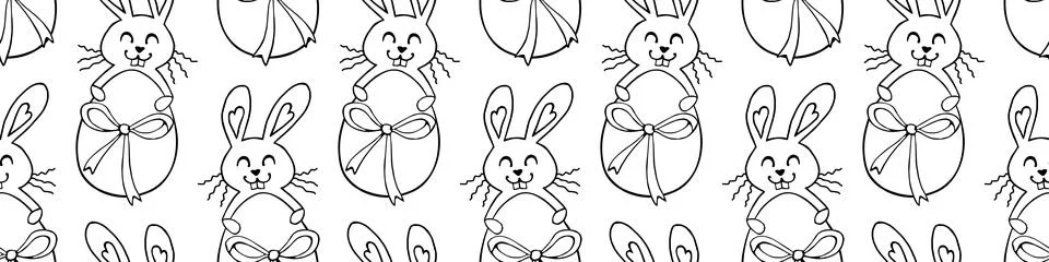Vector seamless pattern with cute funny contoured easter bunnies with egg. Sp 스톡 일러스트