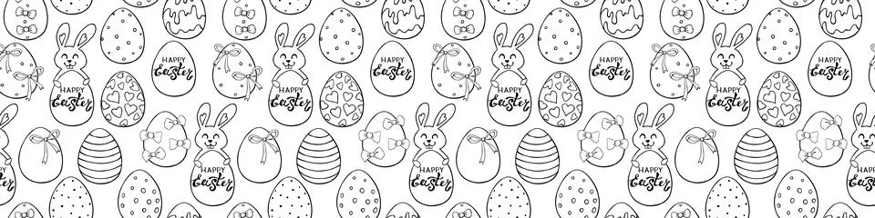 Vector seamless pattern with cute funny contoured easter bunnies with eggs an Stock Illustration