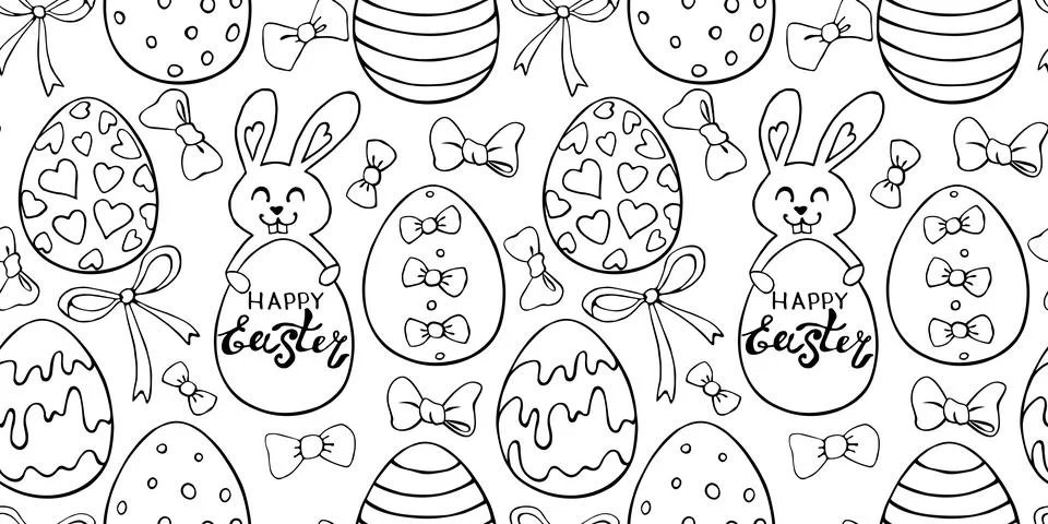Vector seamless pattern with cute funny contoured easter bunnies, eggs, bows  Stock Illustration
