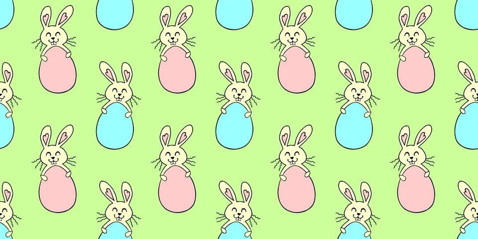 Vector seamless pattern with cute funny color easter bunnies with egg shape.. 스톡 일러스트