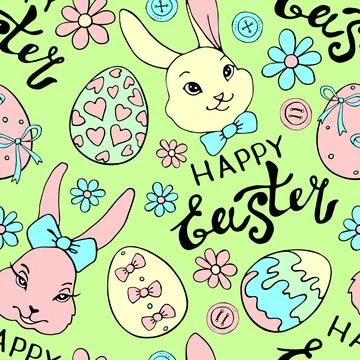 Vector seamless pattern with cute funny colorful faces of rabbits, eggs, flow Stock Illustration
