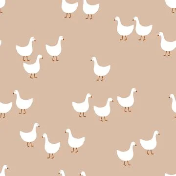 Vector seamless pattern with cute geese on beige background. Beautiful desi.. Stock Illustration