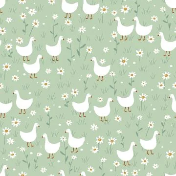 Vector seamless pattern with cute geese in the daisy flower grass. Beautiful  Stock Illustration