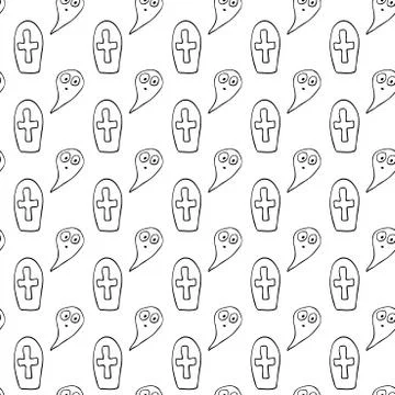 Vector seamless pattern with cute Ghosts, Graves, Tombstone, crosses. Doodle  Illustrazione stock
