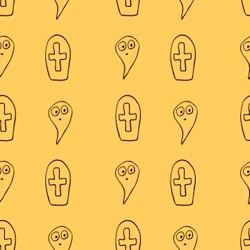 Vector seamless pattern with cute Ghosts, Graves, Tombstone, crosses. Doodle  Illustrazione stock