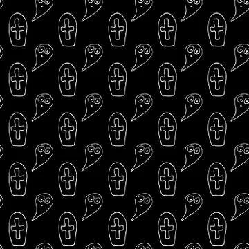 Vector seamless pattern with cute Ghosts, Graves, Tombstone, crosses. Doodle  Illustrazione stock