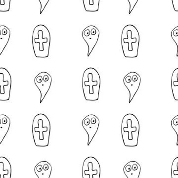 Vector seamless pattern with cute Ghosts, Graves, Tombstone, crosses. Doodle  Illustrazione stock