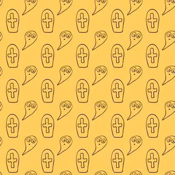 Vector seamless pattern with cute Ghosts, Graves, Tombstone, crosses. Doodle  Illustrazione stock