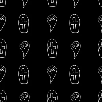 Vector seamless pattern with cute Ghosts, Graves, Tombstone, crosses. Doodle  Illustrazione stock
