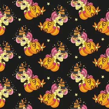 Vector seamless pattern with cute Halloween unicorns 스톡 일러스트