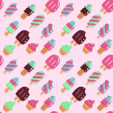 Vector seamless pattern, cute hand drawn ice creams in retro style on dotted  Illustrazione stock