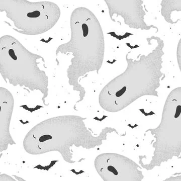 Vector seamless pattern with cute hand drawn ghosts isolated on white backgro Stock Illustration