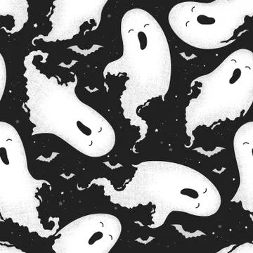 Vector seamless pattern with cute hand drawn ghosts isolated on black backgro Stock Illustration