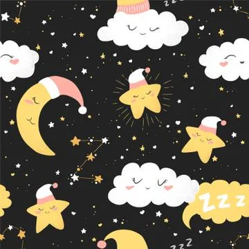 Vector seamless pattern with cute hand drawn cartoon clouds, moon and stars i Stock Illustration