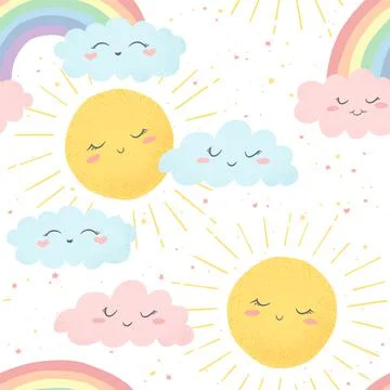 Vector seamless pattern with cute hand drawn cartoon sun, clouds and rainbows 스톡 일러스트