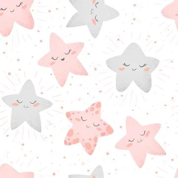 Vector seamless pattern with cute hand drawn cartoon stars and clouds isolate イラスト素材