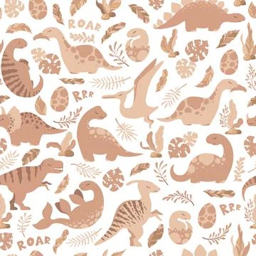 Vector seamless pattern with cute hand drawn cartoon dinosaurs, leaves and .. Stock Illustration