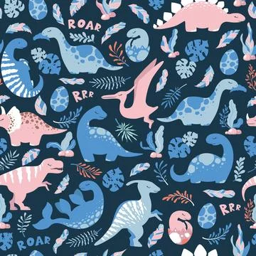 Vector seamless pattern with cute hand drawn cartoon dinosaurs, leaves and .. Stock Illustration