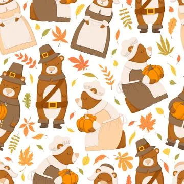 Vector seamless pattern with cute hand drawn cartoon bears, leaves and bran.. Stock Illustration