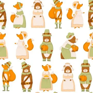 Vector seamless pattern with cute hand drawn cartoon foxes and bears isolat.. Stock Illustration
